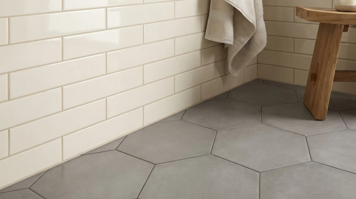 Prysznic walk-in z płytkami wielkoformatowymi w beżowo-szarej łazience, przykład nowoczesnej i łatwej w utrzymaniu aranżacji