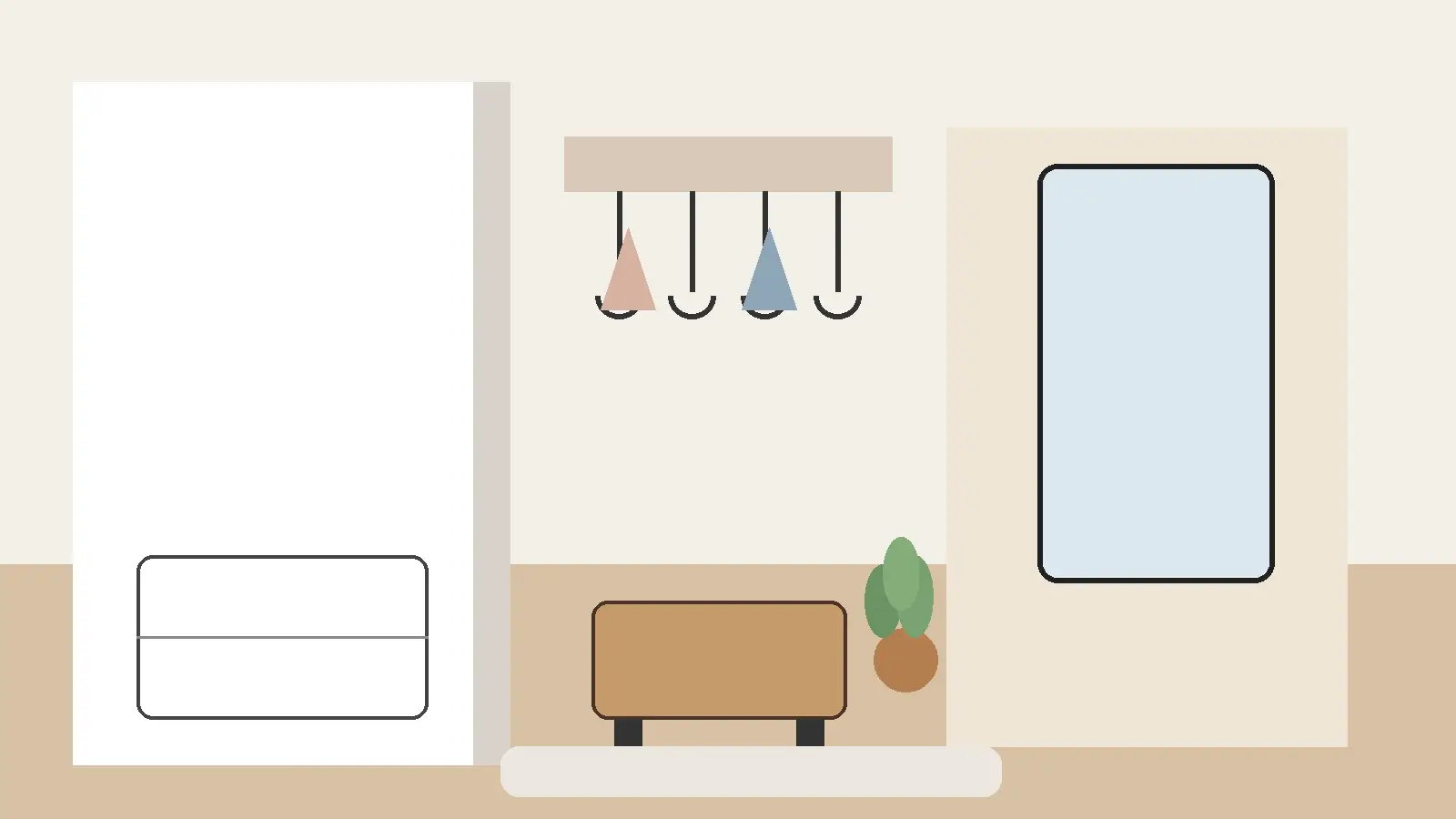 Przedpokój w bloku z jasną zabudową, lustrem i siedziskiem, pokazujący praktyczny układ do małej przestrzeni w mieszkaniu.