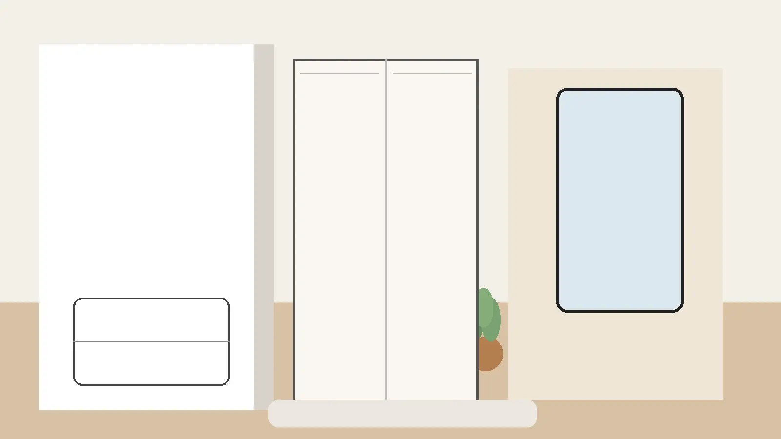 Przedpokój w bloku z szafą przesuwną, tapicerowanym siedziskiem i uporządkowaną strefą wejścia do mieszkania w nowoczesnym stylu.