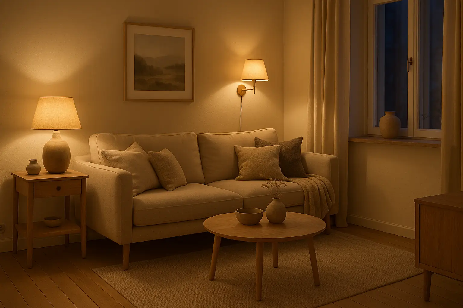 Przytulny salon w stylu skandynawskim z beżową sofą, lnianymi poduszkami, ciepłymi lampami i klimatem hygge wieczorem