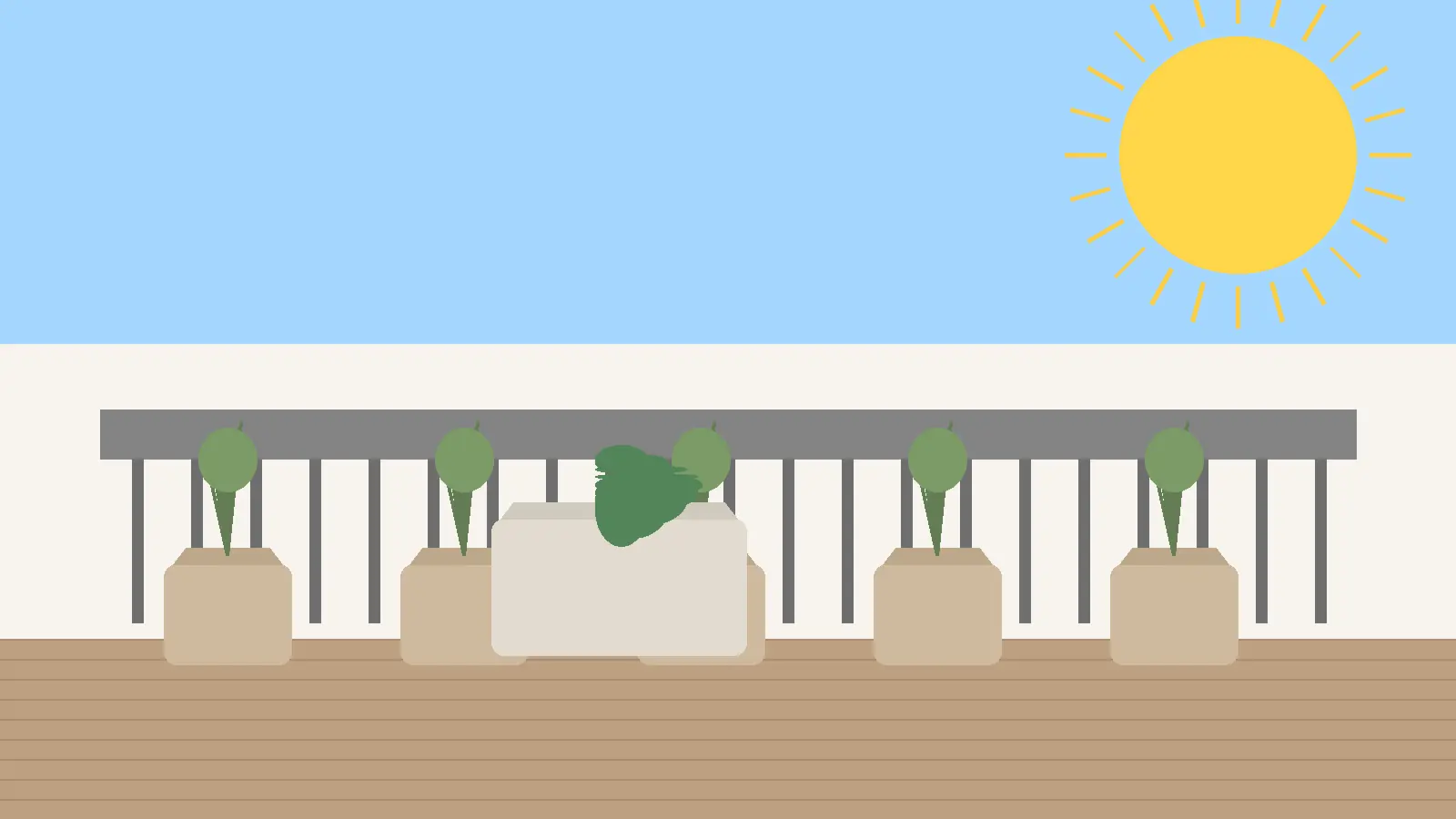 Rośliny na balkon słoneczny w dużych donicach z warstwą drenażu i ziołami śródziemnomorskimi na tarasie