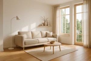 Salon w stylu skandynawskim z jasną drewnianą podłogą, beżową sofą, lnianymi zasłonami i ciepłym naturalnym światłem w nowoczesnym mieszkaniu