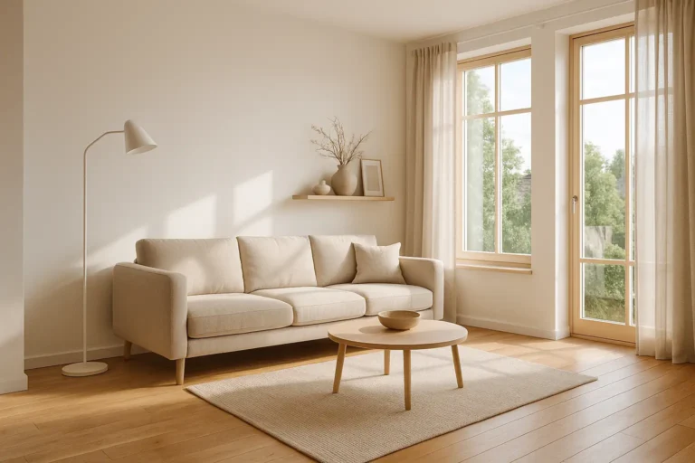 Salon w stylu skandynawskim z jasną drewnianą podłogą, beżową sofą, lnianymi zasłonami i ciepłym naturalnym światłem w nowoczesnym mieszkaniu