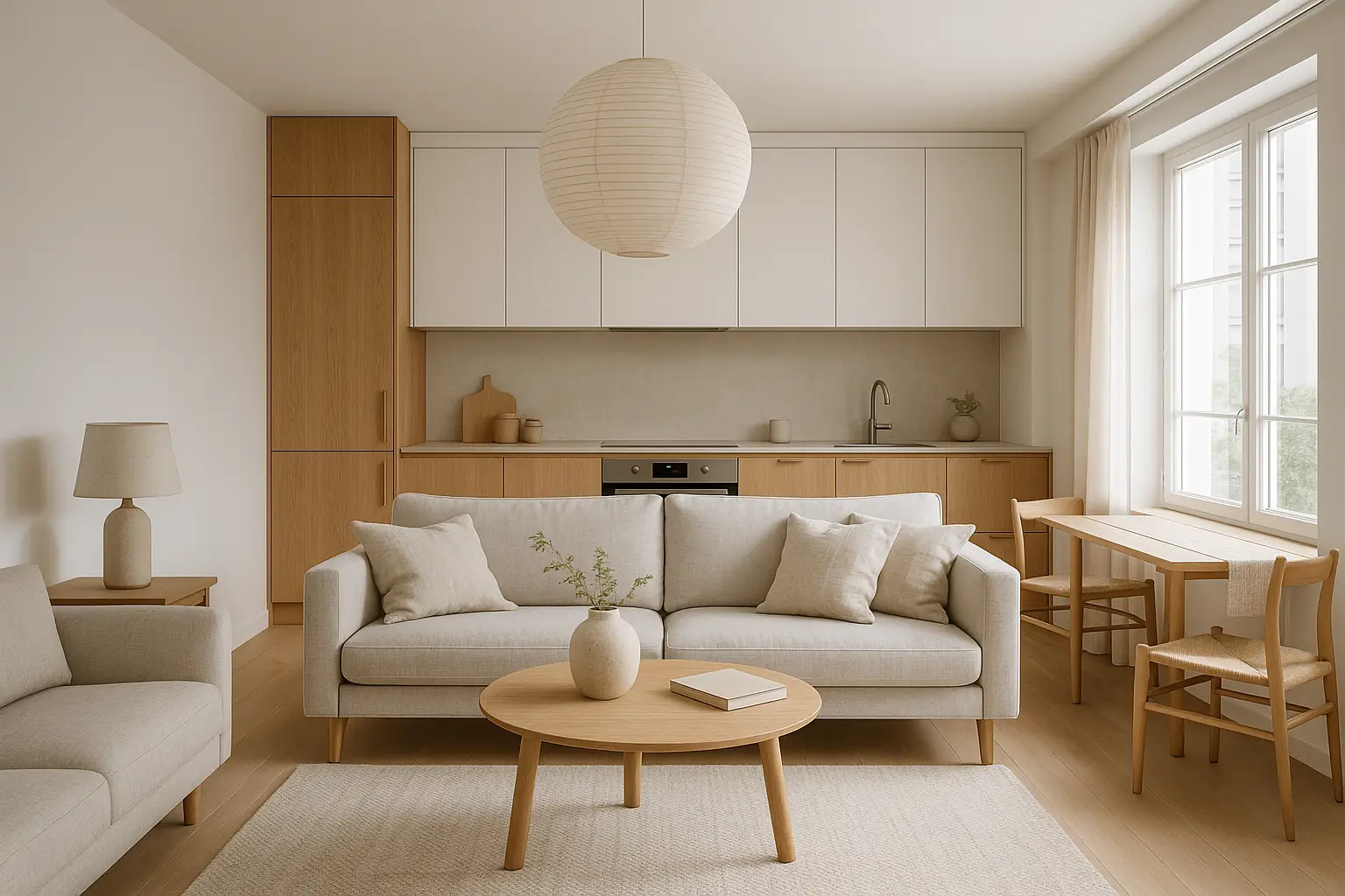 Salon z aneksem kuchennym w stylu skandynawskim z jasną zabudową, ciepłym drewnem i spójną strefą dzienną