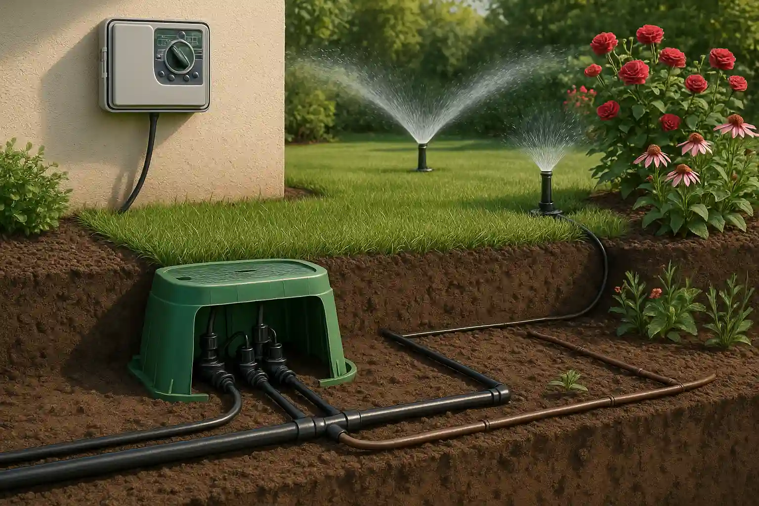 Sekcje systemu nawadniania ogrodu z podziałem na trawnik, rabaty i żywopłot