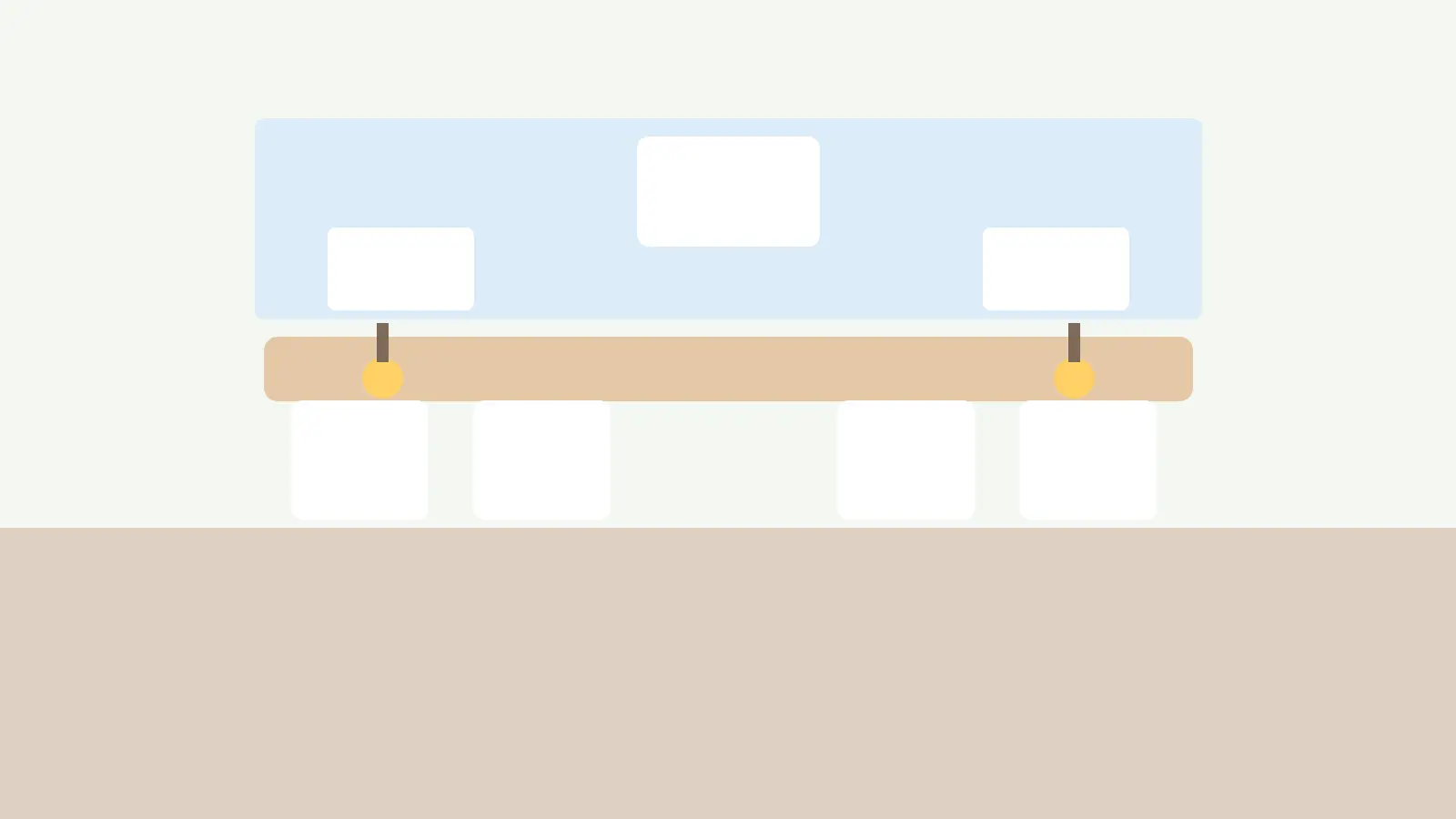 Strefa nauki w pokoju dla dwójki dzieci z długim biurkiem pod oknem, lampkami i organizerami ściennymi.