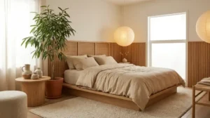 Sypialnia z garderobą w jasnej aranżacji z tapicerowanym łóżkiem, lamelami i zabudową do sufitu w ciepłych beżowych kolorach