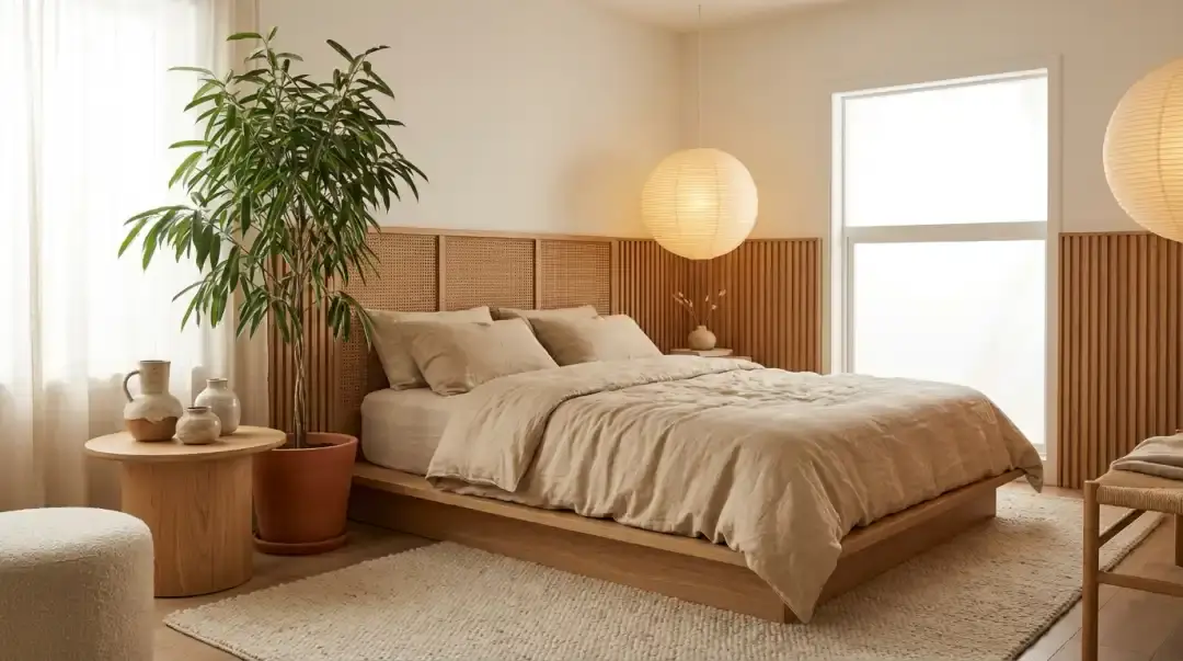 Sypialnia z garderobą w jasnej aranżacji z tapicerowanym łóżkiem, lamelami i zabudową do sufitu w ciepłych beżowych kolorach